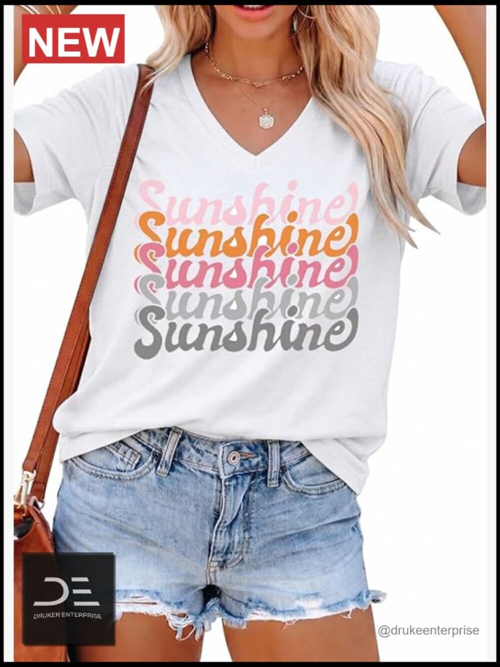 Short Sleeve V-Neck Graphic Tee, Casual Loose Fit T-Shirt, Soft Polyester Blend